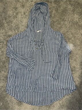Striped Blue Hooded Lace-Up Women's Top